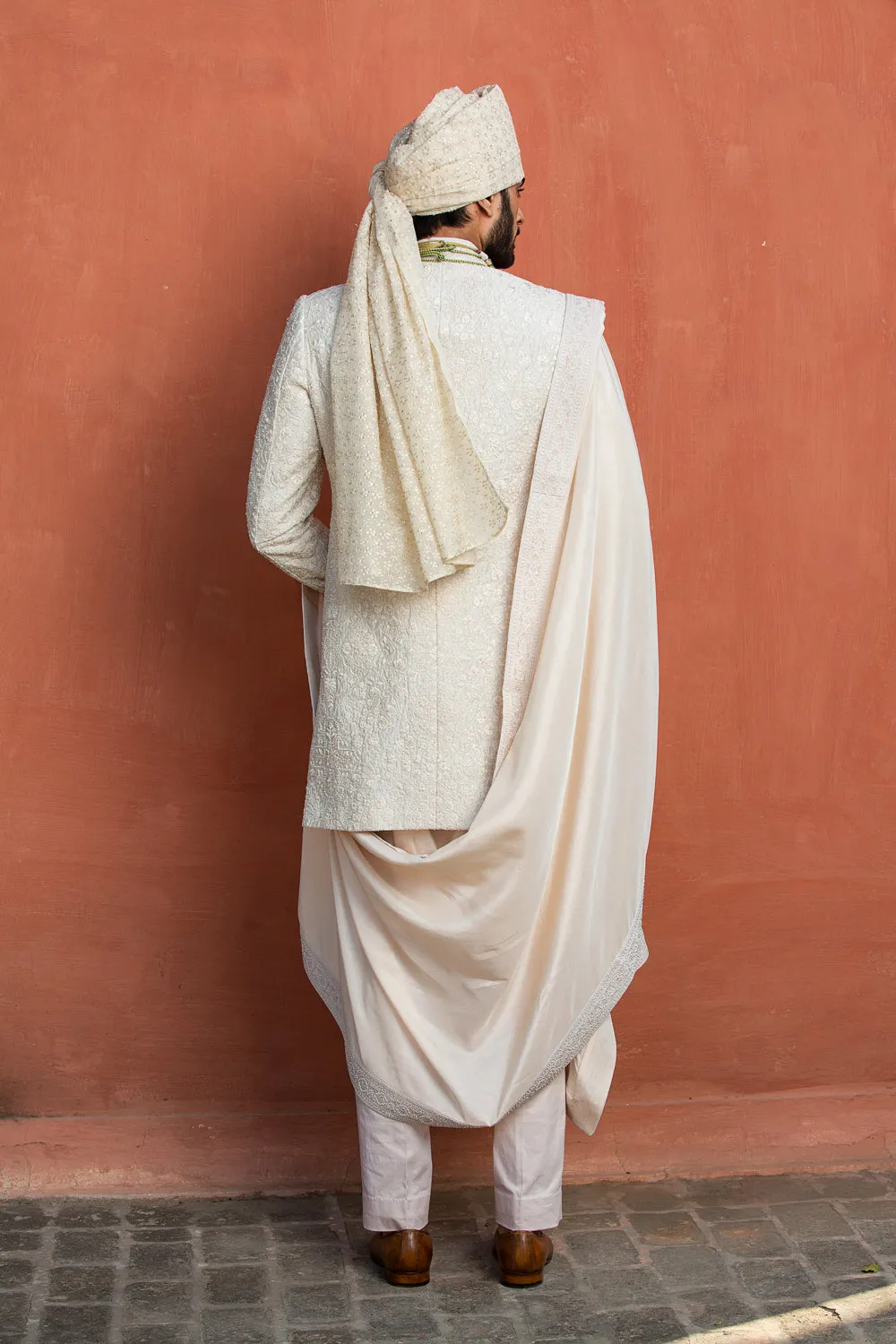 Ivory Embroidered Raw Silk Achkan with Kurta and Trouser