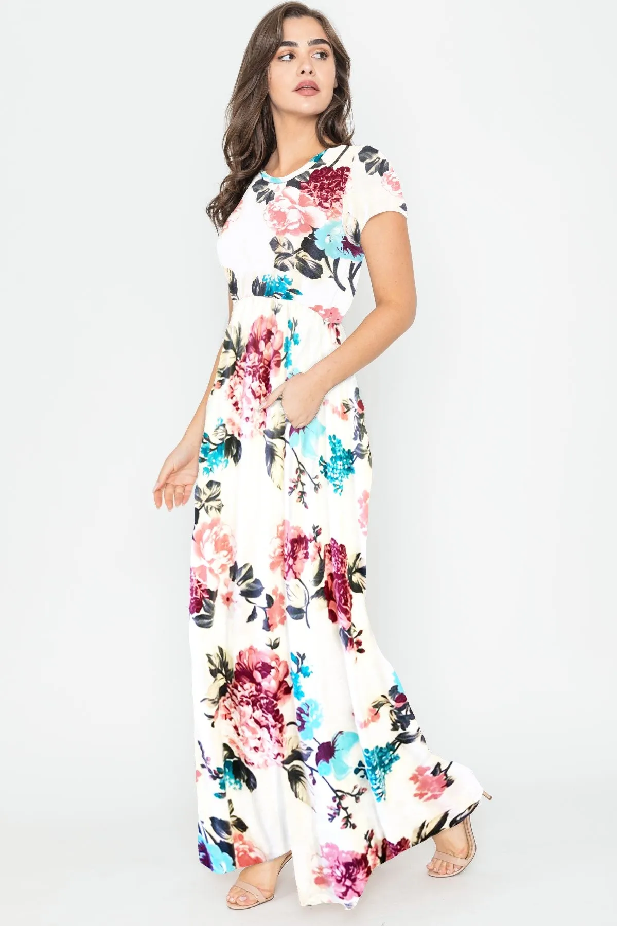 Ivory Floral Short Sleeve Maxi Dress 1436