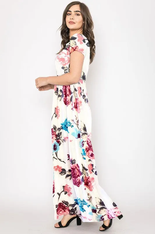 Ivory Floral Short Sleeve Maxi Dress 1436