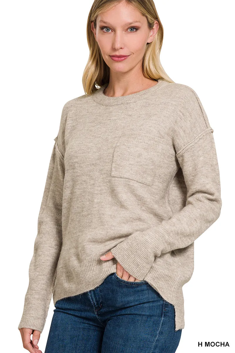 Ivory Melange Hi-Low Pocket Sweater