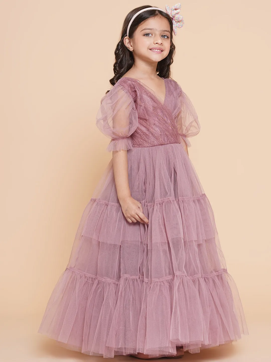 Jashvi Girls Onion Pink Net Embellished Fit & Flared Maxi Dress.