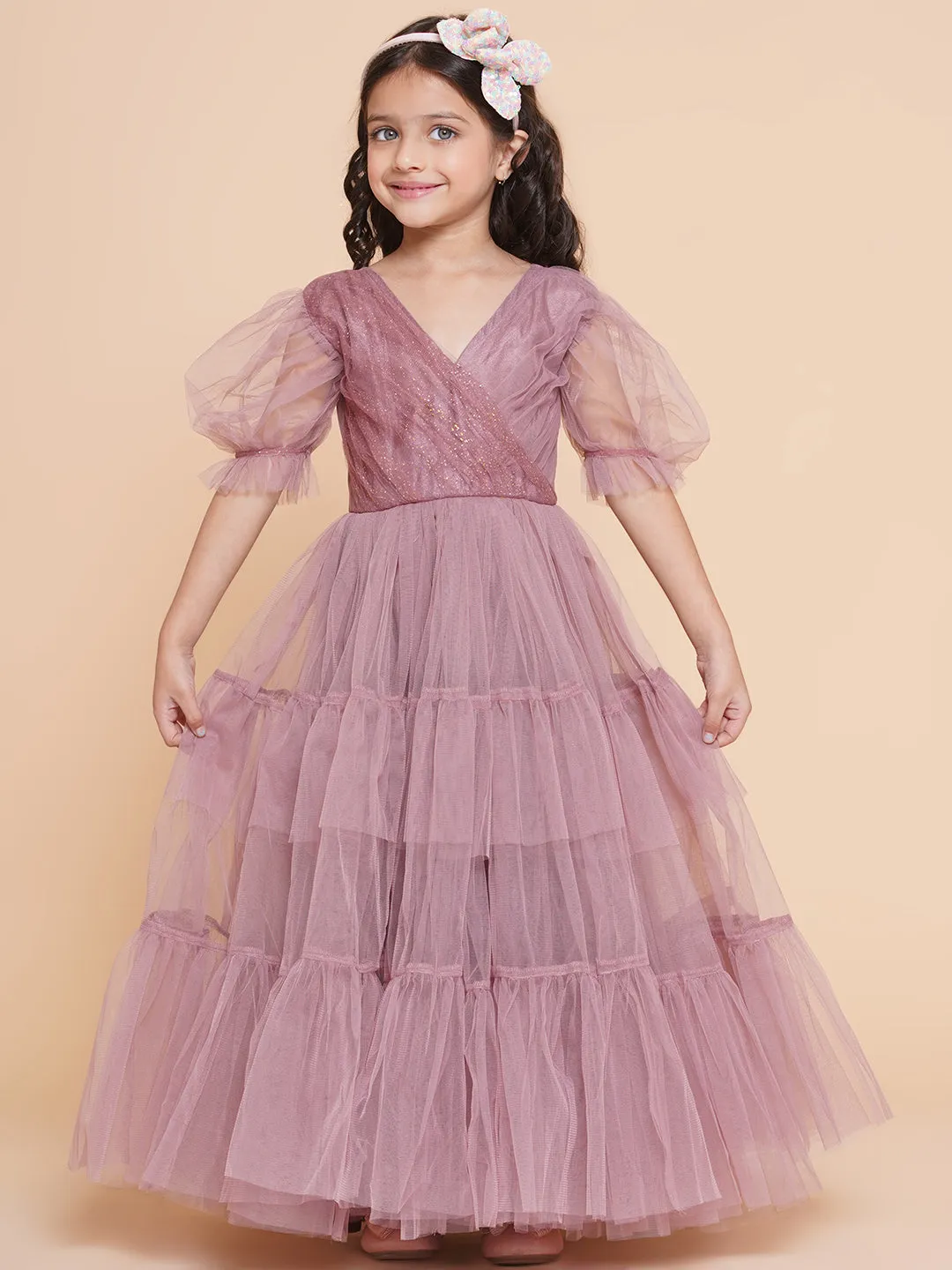 Jashvi Girls Onion Pink Net Embellished Fit & Flared Maxi Dress.