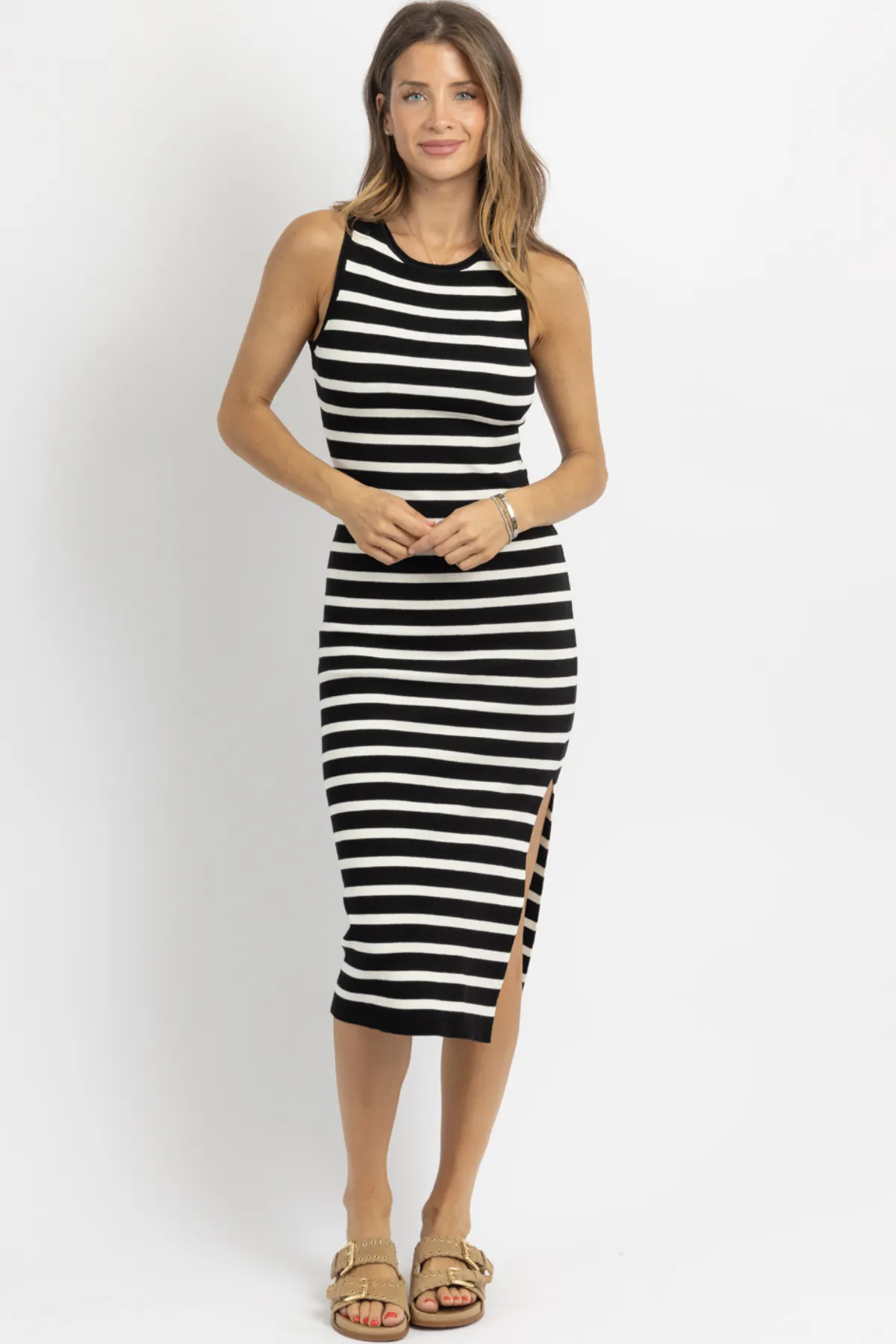 KAIA STRIPED MIDI DRESS