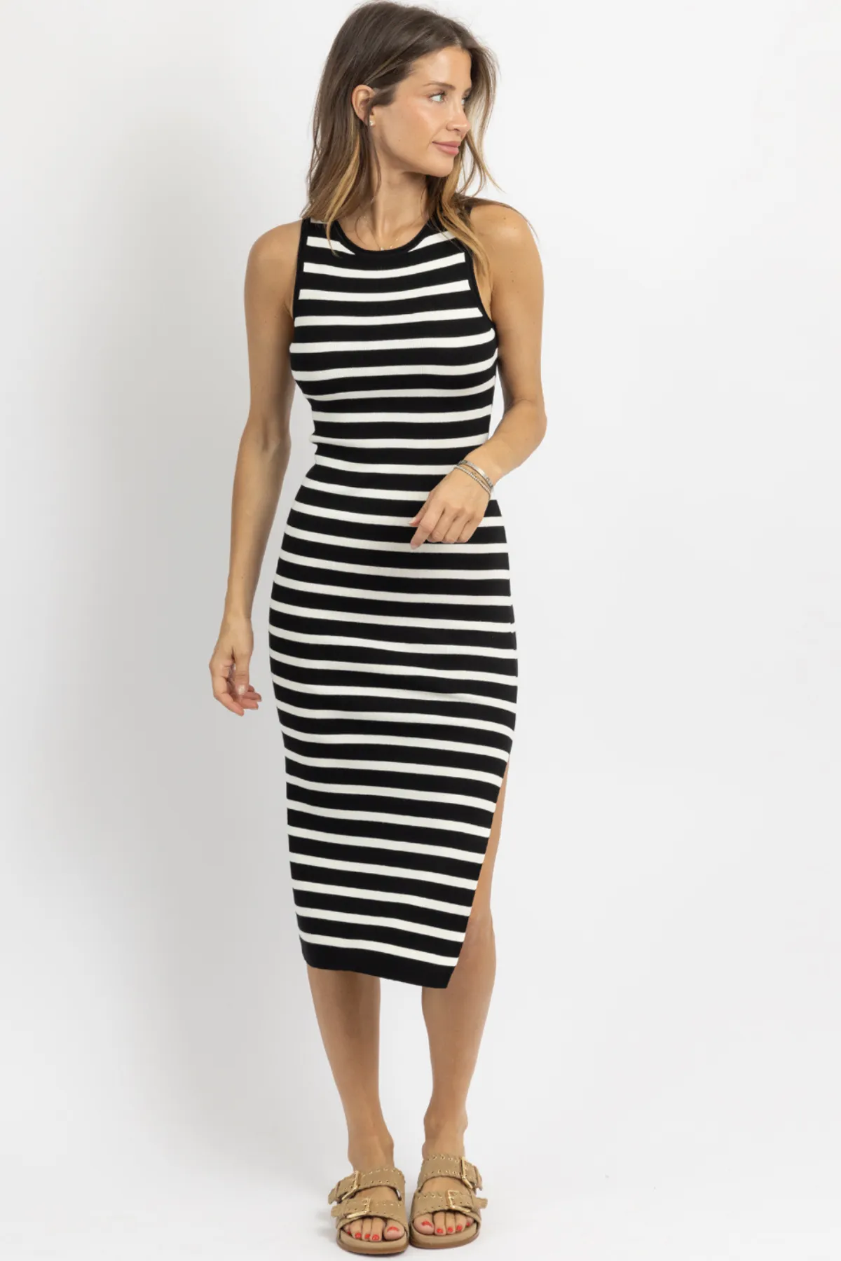 KAIA STRIPED MIDI DRESS