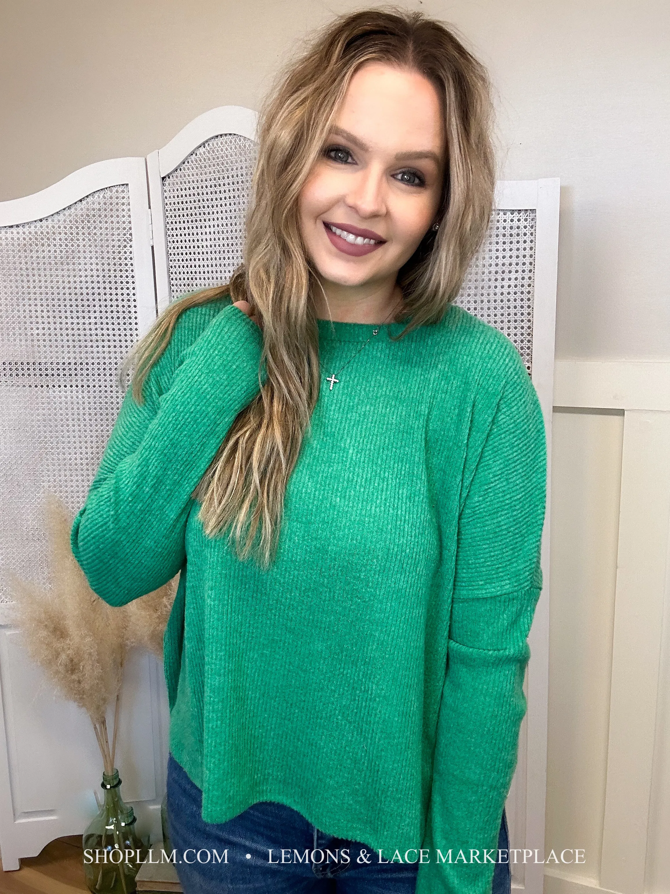 Kelly Green Ribbed Dolman Sweater