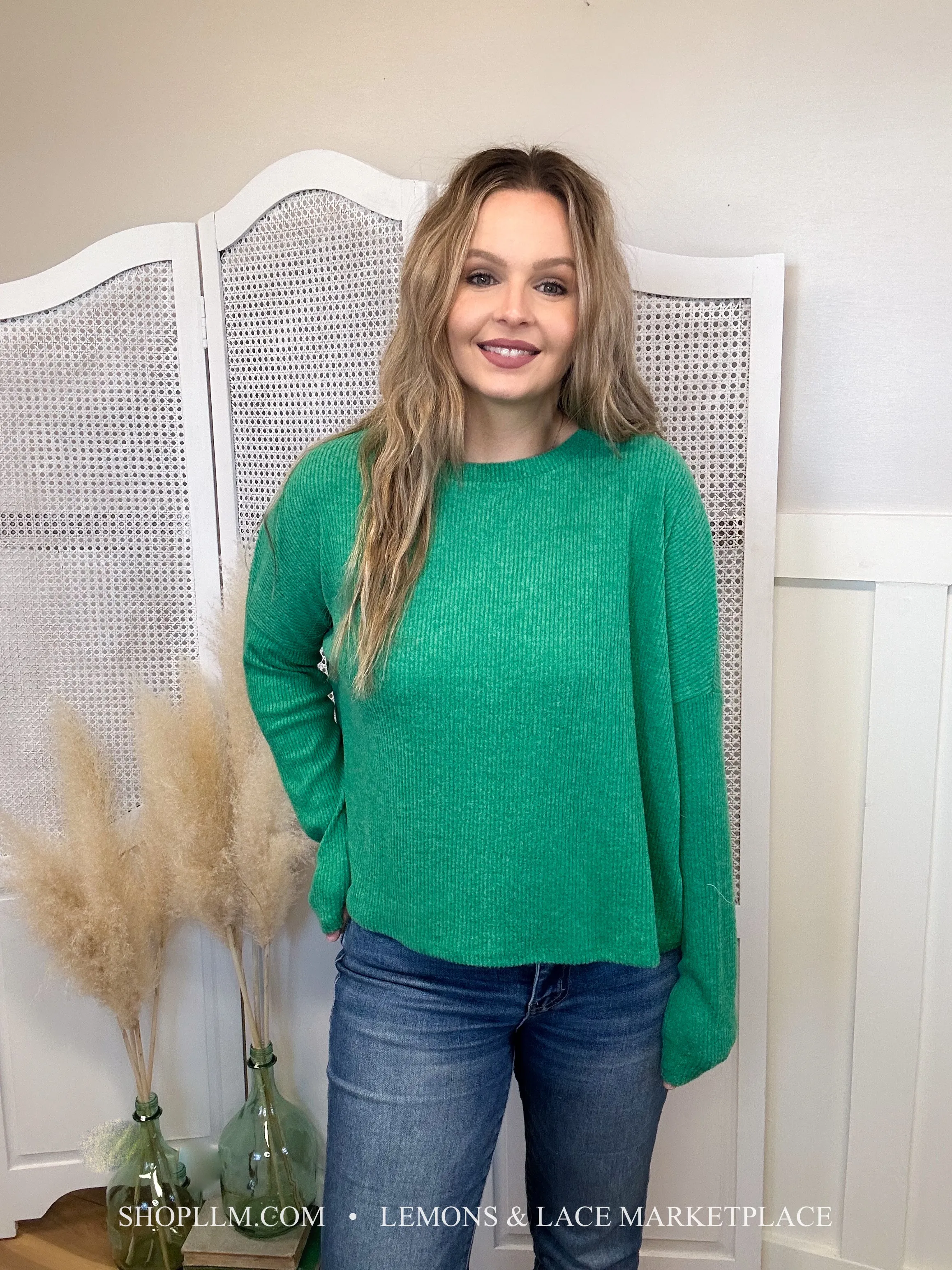 Kelly Grn Ribbed Dolman Sweater