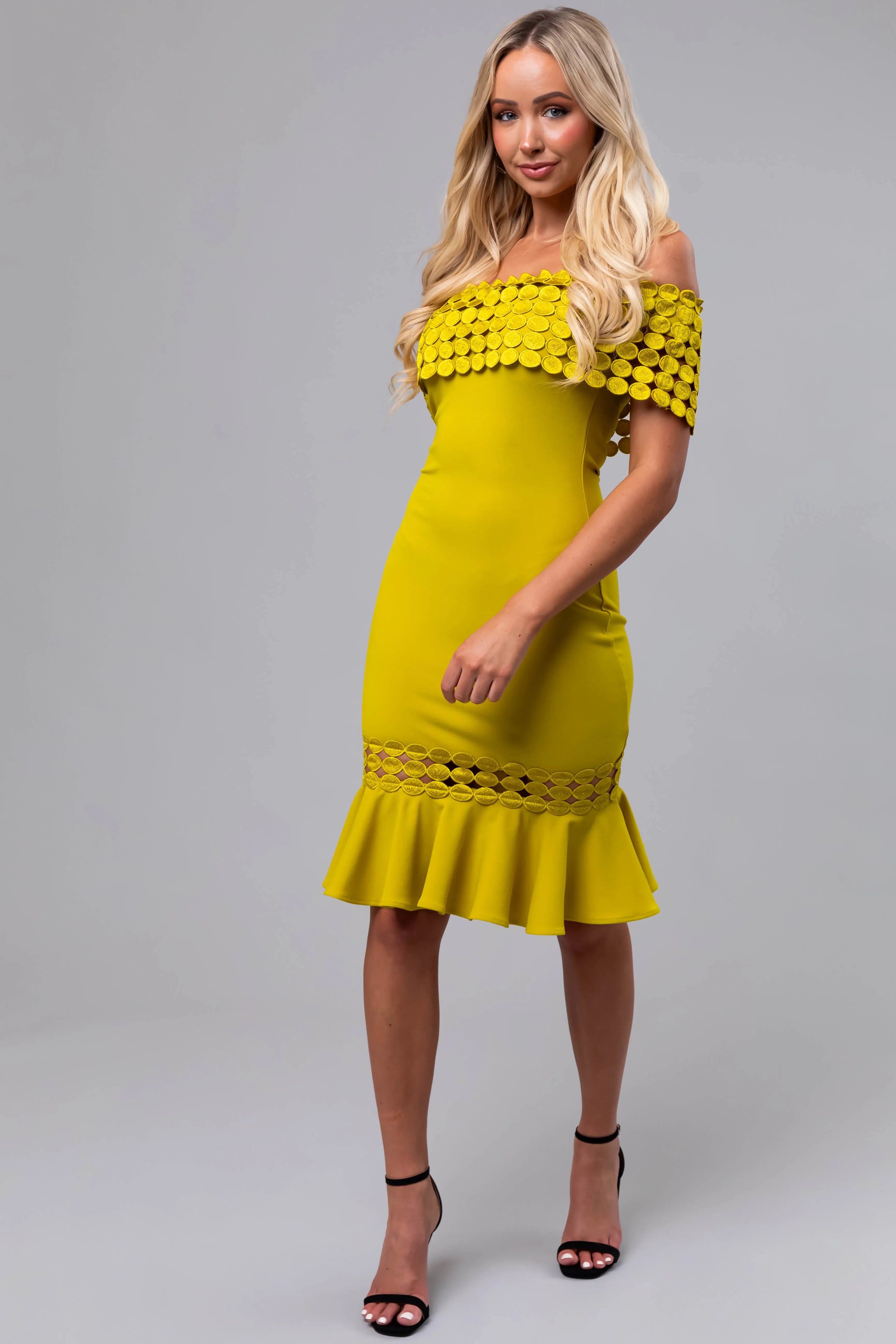 Key Lime Off Shoulder Circle Crochet Midi Dress