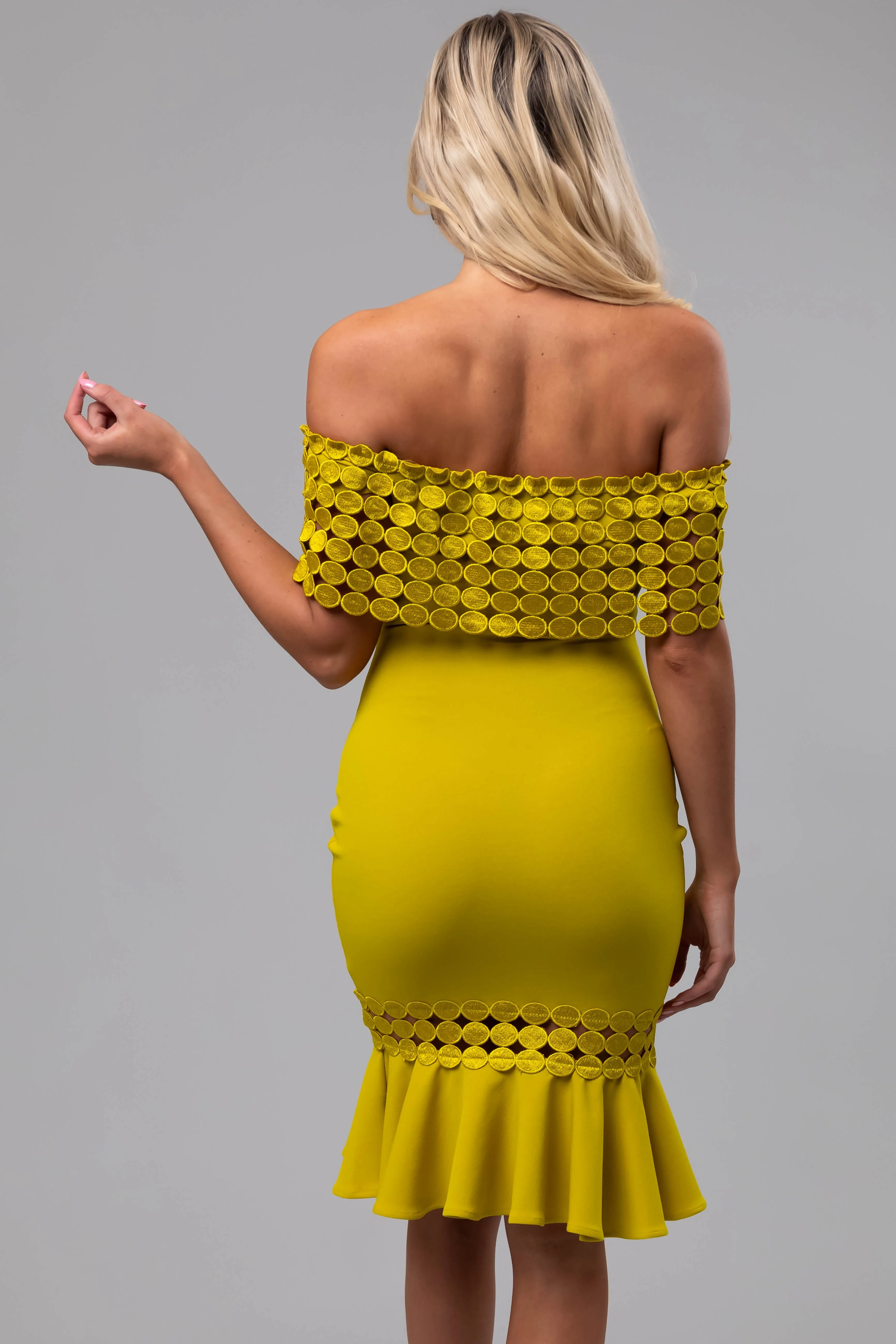 Key Lime Off Shoulder Circle Crochet Midi Dress