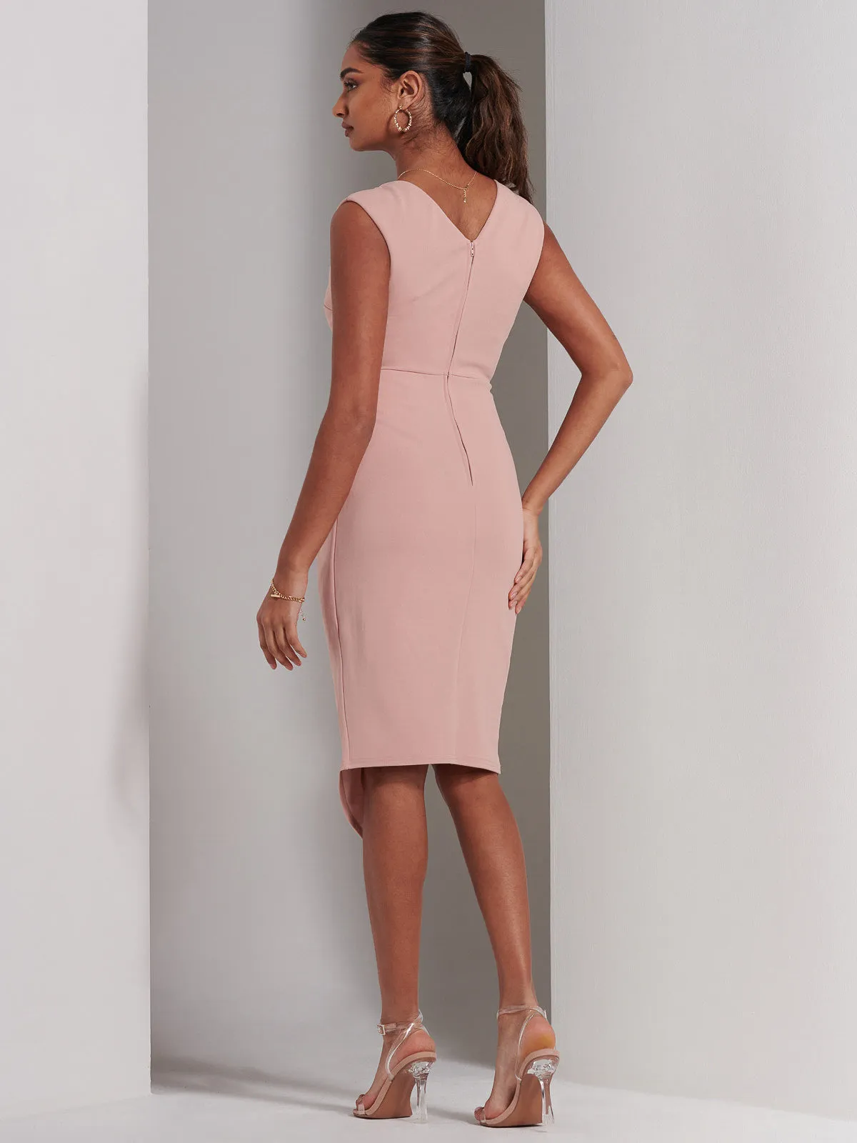 Kiana Wrap Ruched Bodycon Dress, Dusty Pink