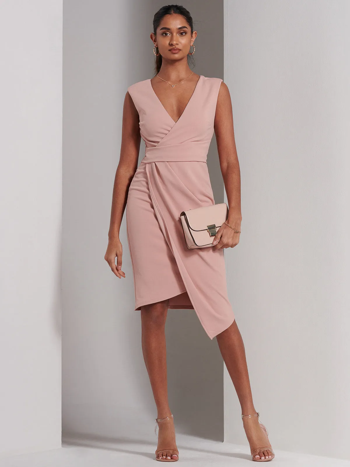 Kiana Wrap Ruched Bodycon Dress, Dusty Pink