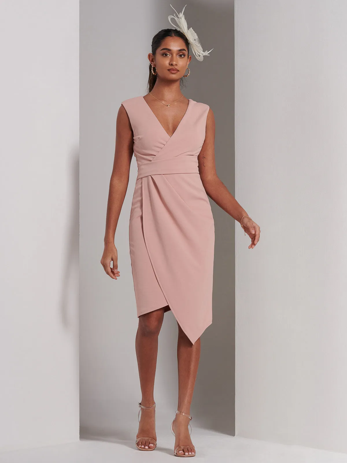 Kiana Wrap Ruched Bodycon Dress, Dusty Pink