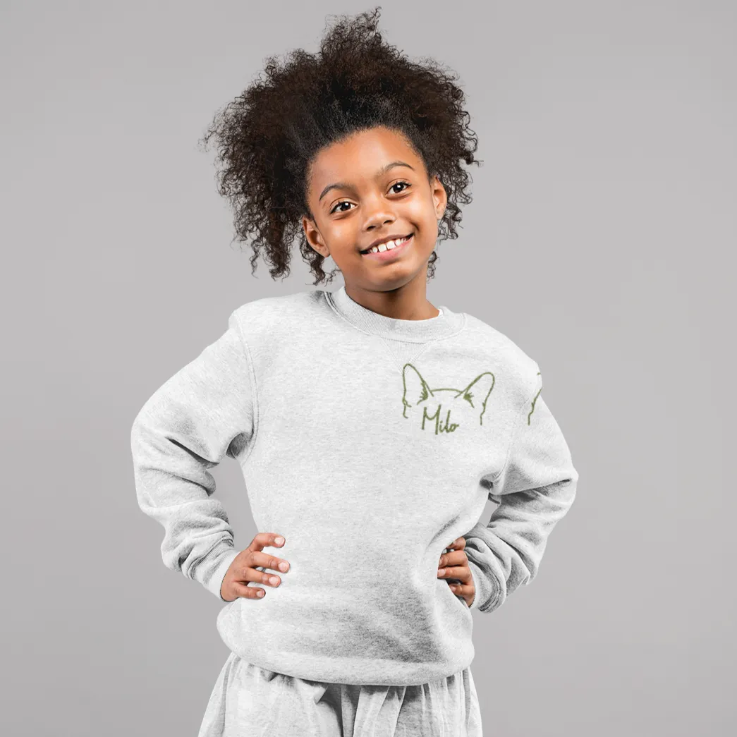 Kids Ash Gray Custom Embroidered Crewneck Sweatshirt - Cat Ears with Name