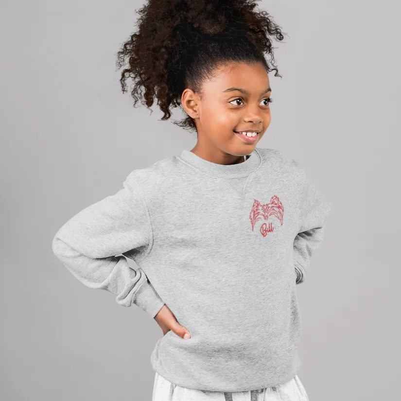 Kids Ash Gray Custom Embroidered Crewneck Sweatshirt - Dog Ears with Name