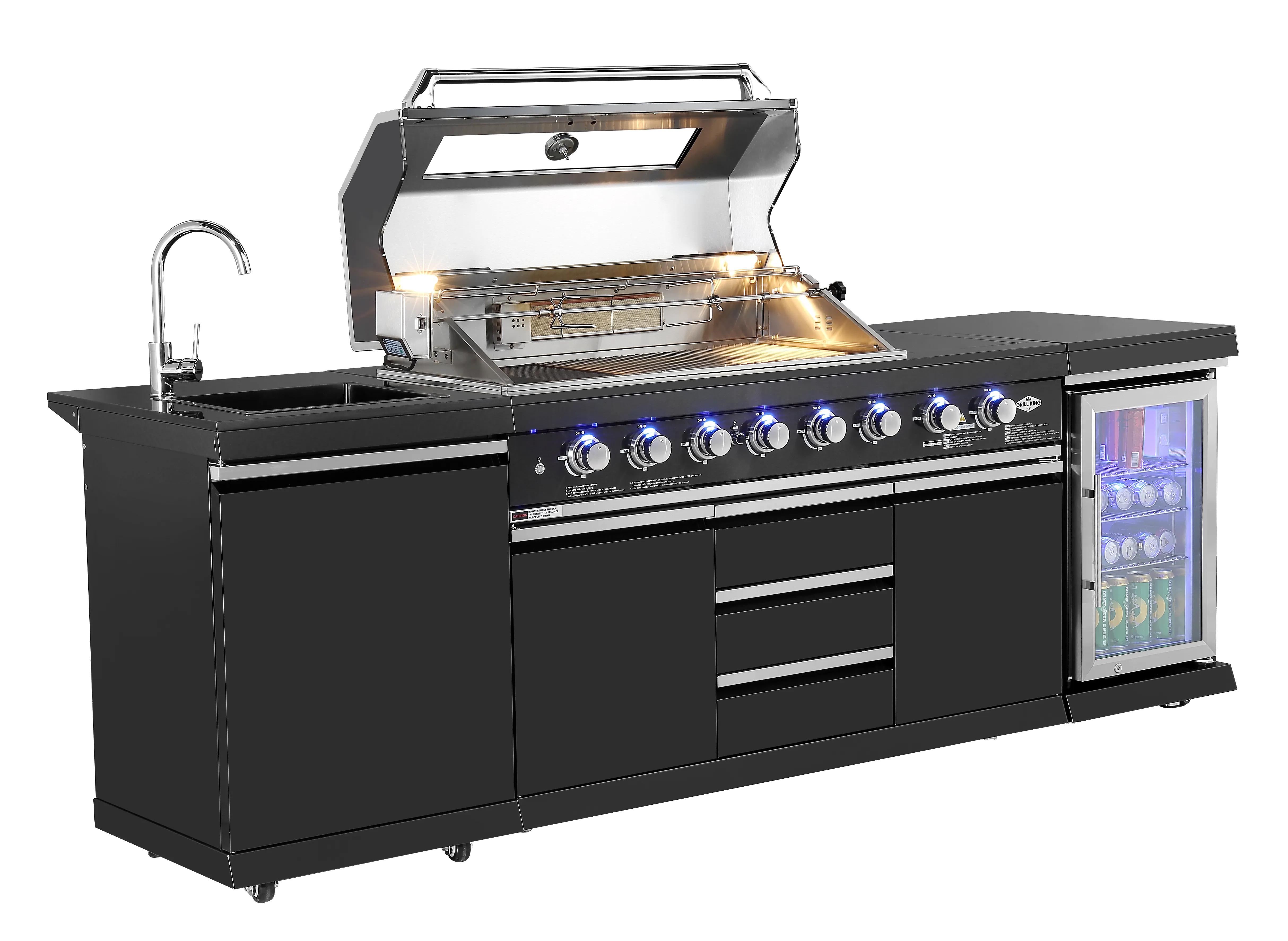 Kingsley 6-Burner Outdoor BBQ Kitchen: Black Stainless Steel, Stone Bench, Fridge, Sink, Height Adjustable