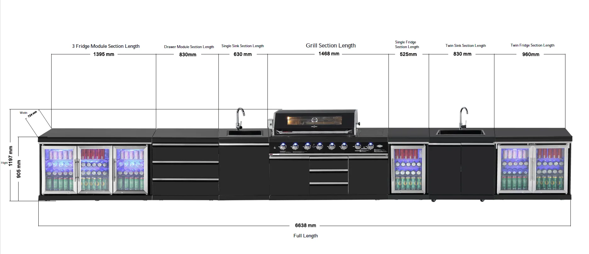 Kingsley 6-Burner Outdoor BBQ Kitchen: Black Stainless Steel, Stone Bench, Fridge, Sink, Height Adjustable