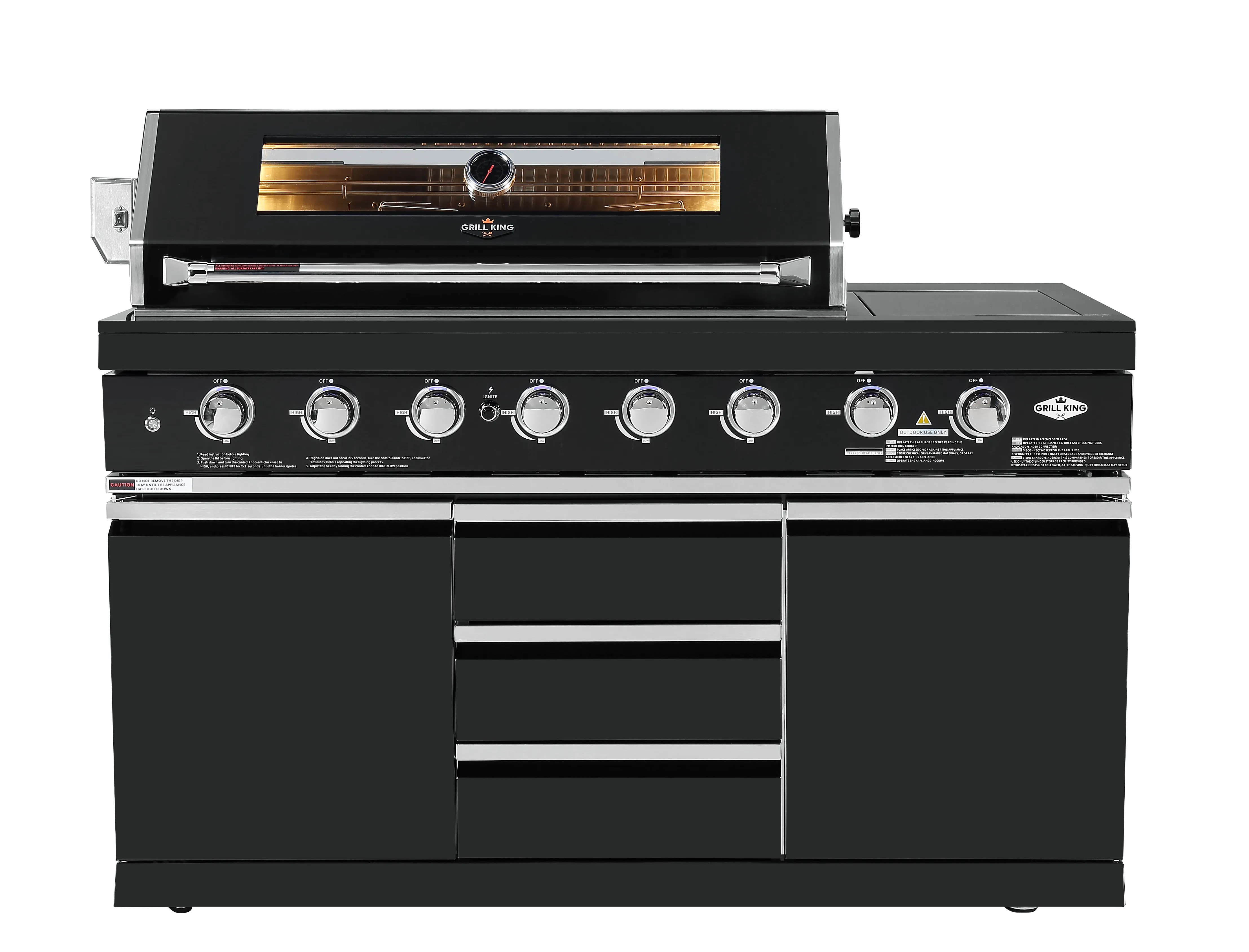 Kingsley 6-Burner Outdoor BBQ Kitchen: Black Stainless Steel, Stone Bench, Fridge, Sink, Height Adjustable