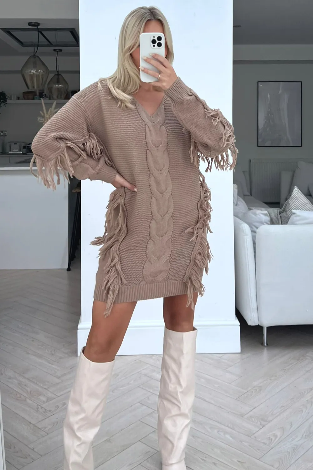 Krissy beige cable knitted jumper dress