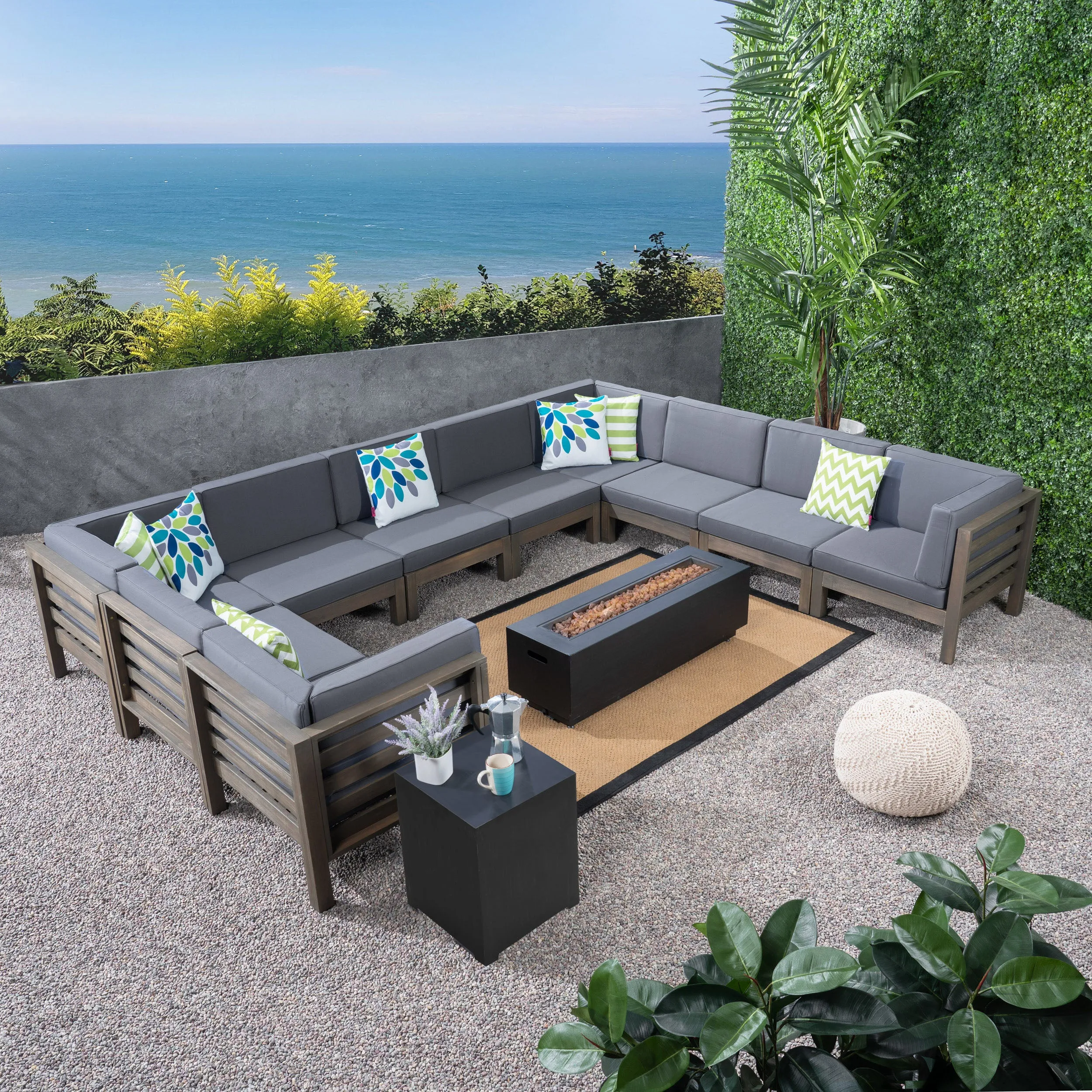 Krystin Outdoor 12 Piece U-Shaped Sectional Sofa Set with Fire Pit