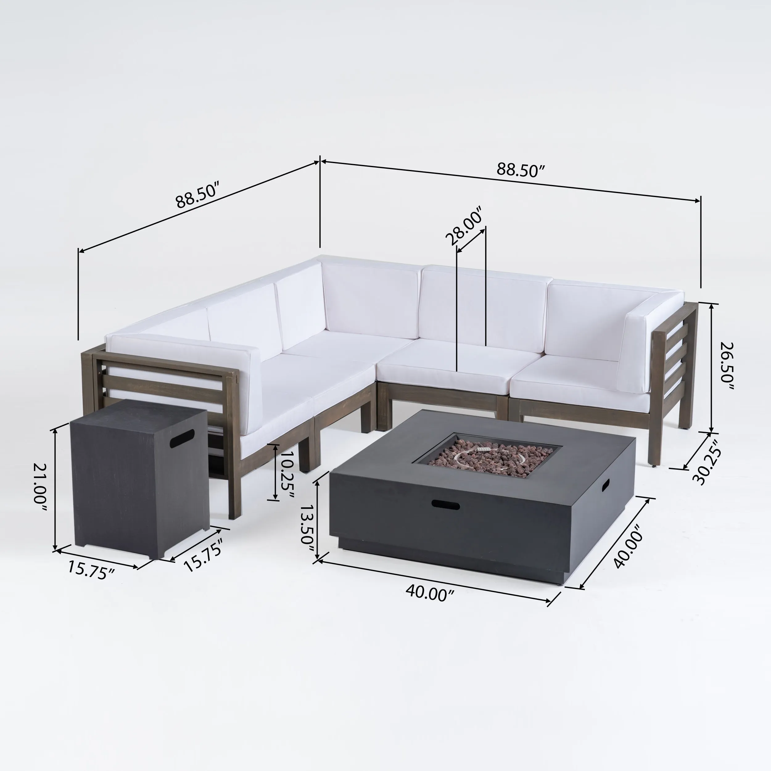 Krystin Outdoor 7 Piece V-Shaped Acacia Wood Sectional Sofa Set with Fire Pit and Outdoor Cushions