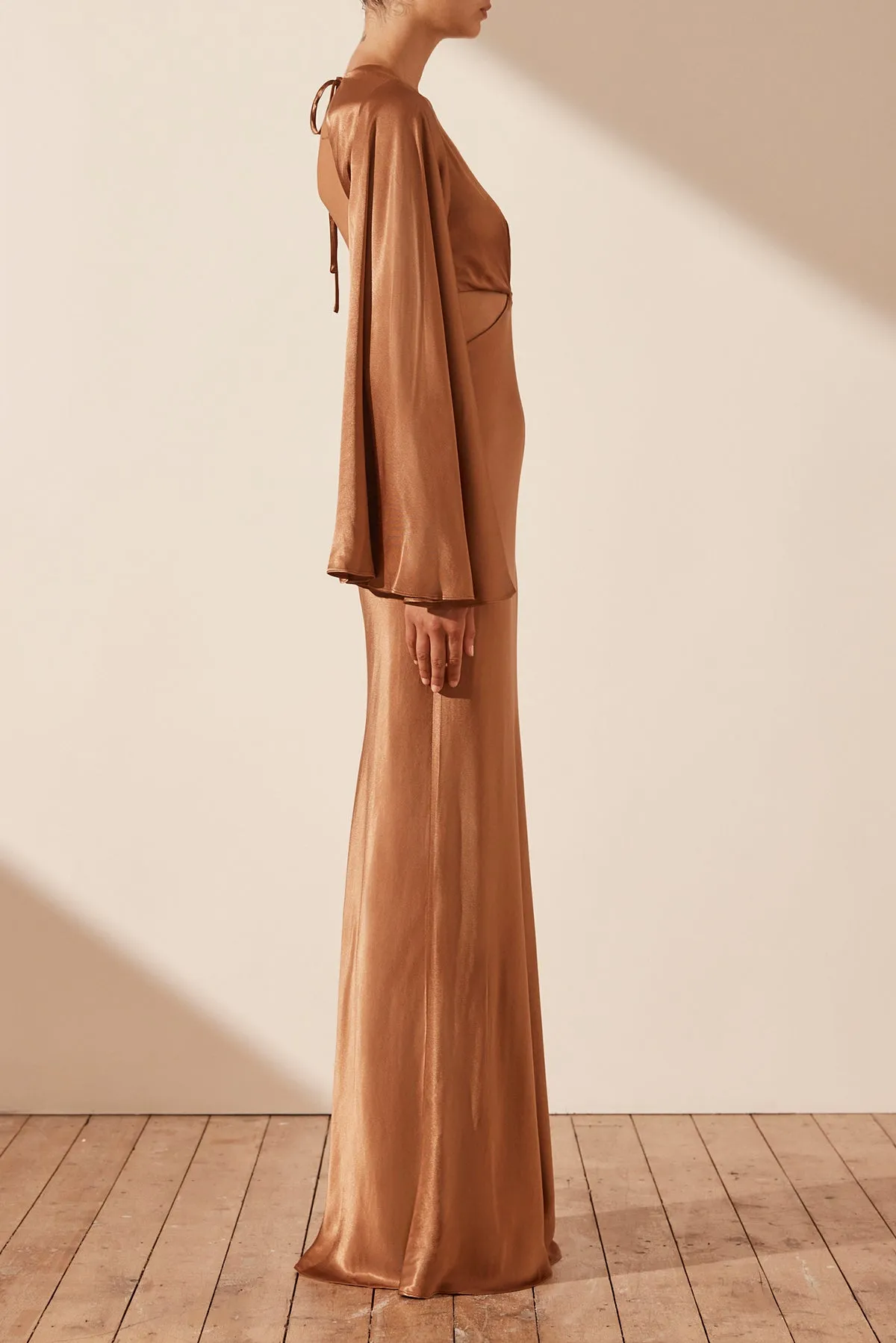 LA LUNE FLARED SLEEVE OPEN BACK MAXI DRESS - ALMOND