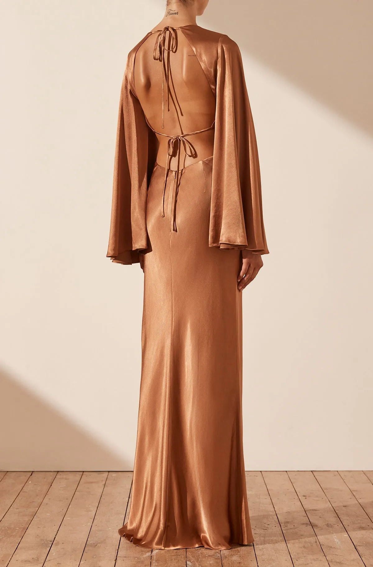 LA LUNE FLARED SLEEVE OPEN BACK MAXI DRESS - ALMOND