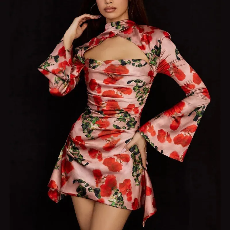 Lady Long Satin Mini Sleeve Elegant Bodycon Sexy Party Hollow Out Print Dress