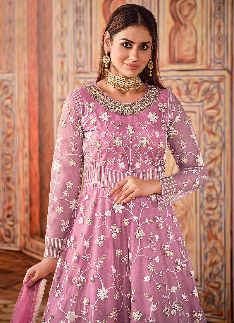 Lavender Cording Embroidered Net Anarkali Suit