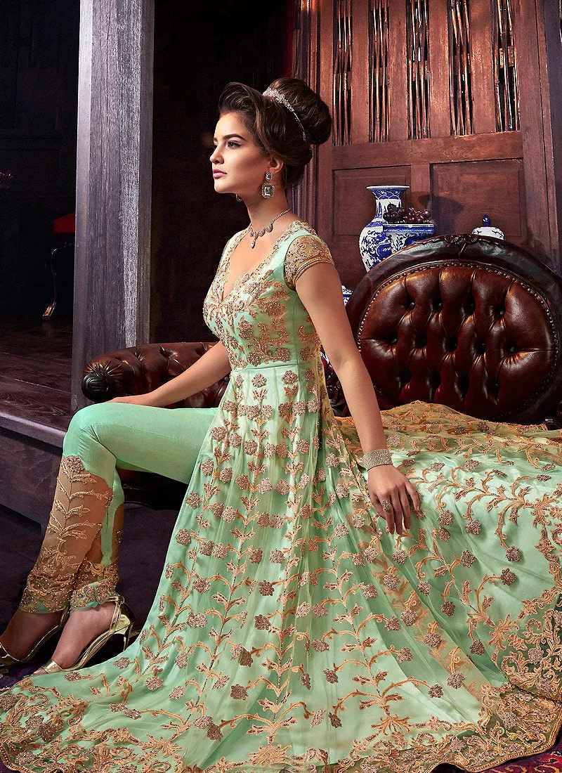 Light Green Golden Anarkali Style Lehenga/Pants Suit