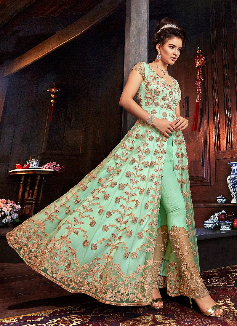 Light Green Golden Anarkali Style Lehenga/Pants Suit