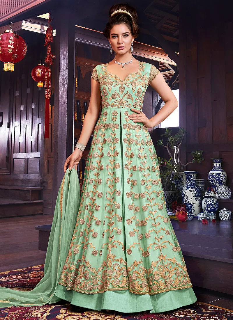 Light Green Golden Anarkali Style Lehenga/Pants Suit