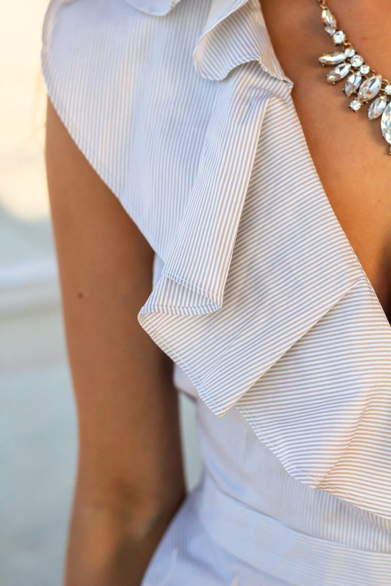 Light Taupe Striped Ruffle Top