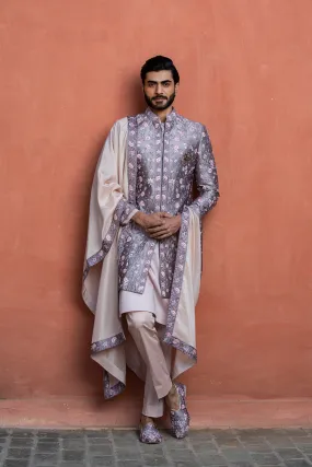 Lilac Taffeta Floral Embroidered Achkan with Kurta and Pant