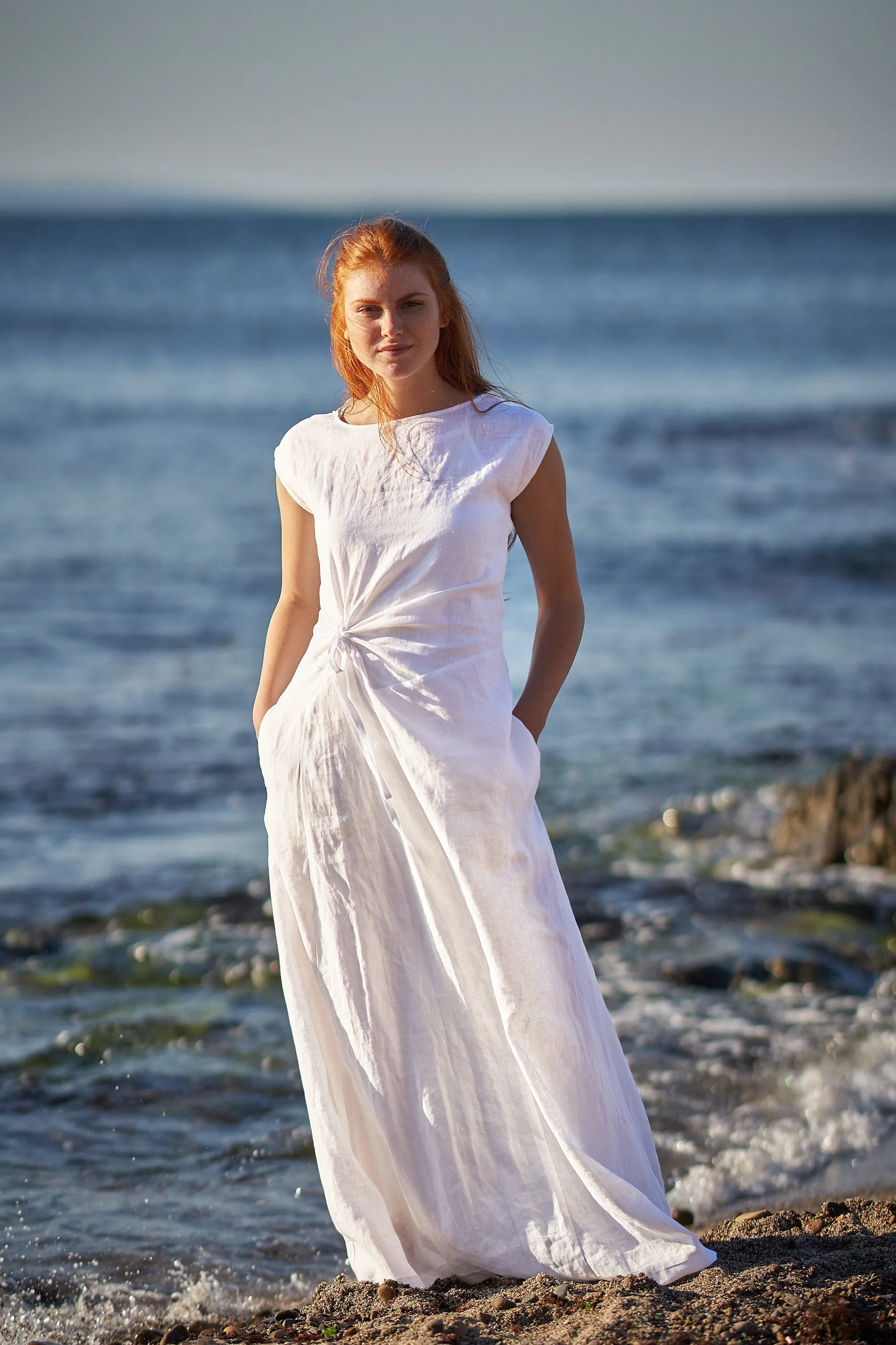 Long Linen Dress with Ruched Waist