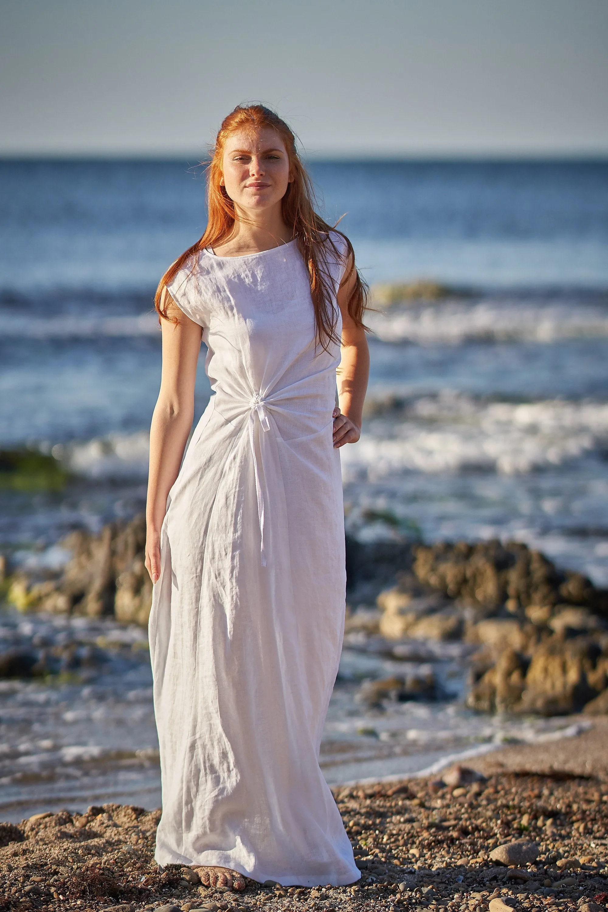 Long Linen Dress with Ruched Waist