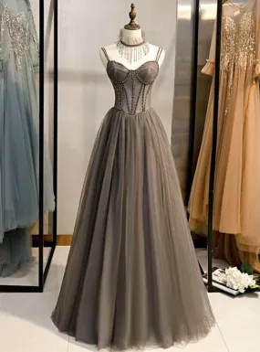 Long Prom Dresses Grey Tulle Prom Dress Corset With Beaded Neck A Line