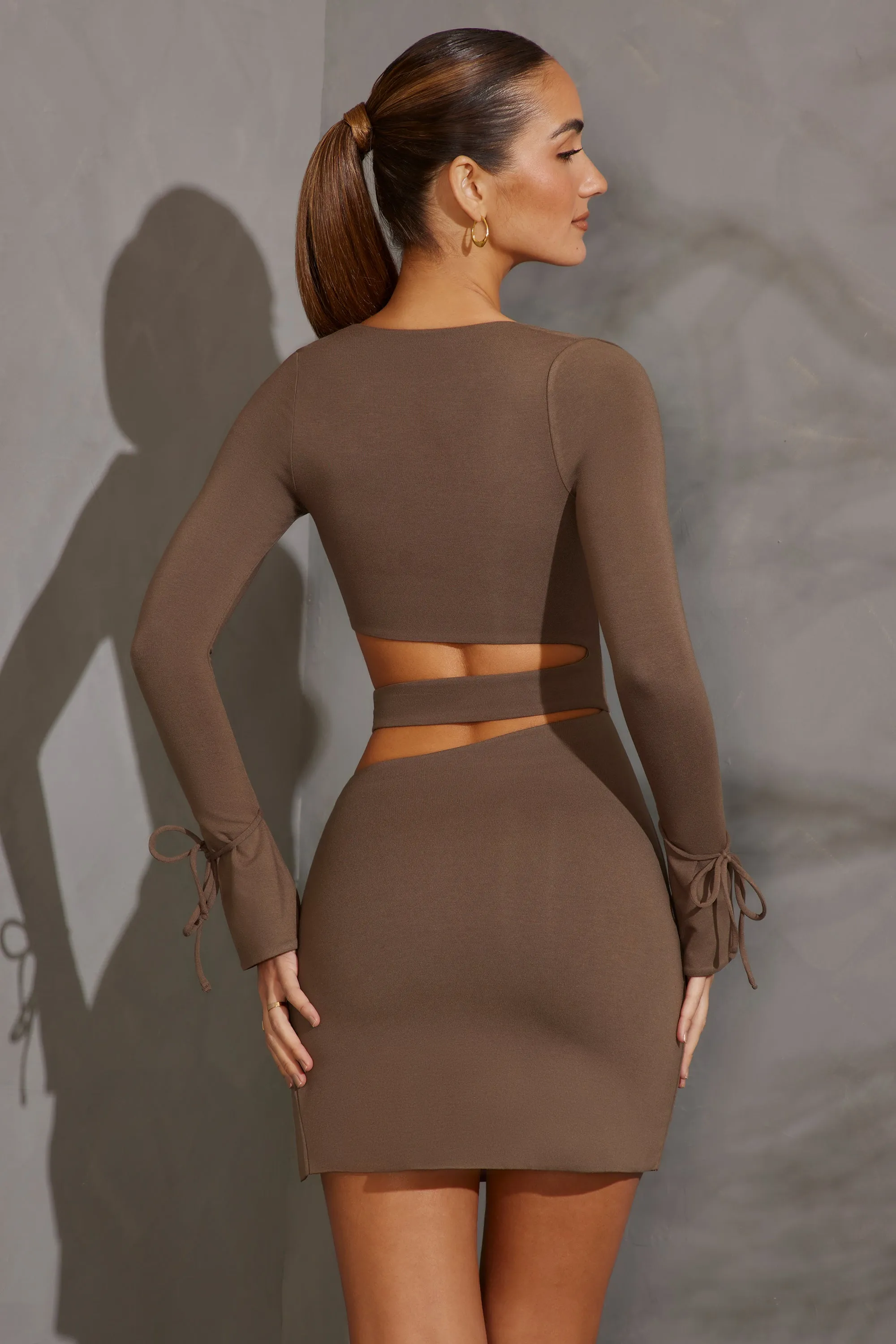 Long Sleeve Cut Out Mini Dress in Taupe