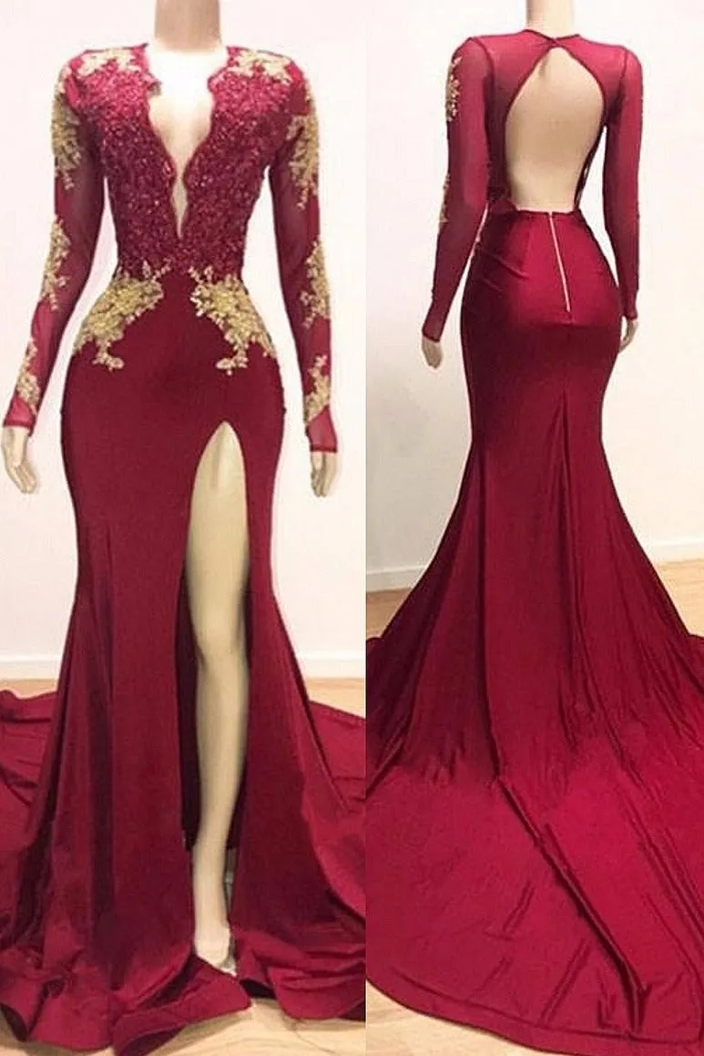 Long Sleeves V-neck Mermaid Prom Dress Leg Split Formal Evening Dresses