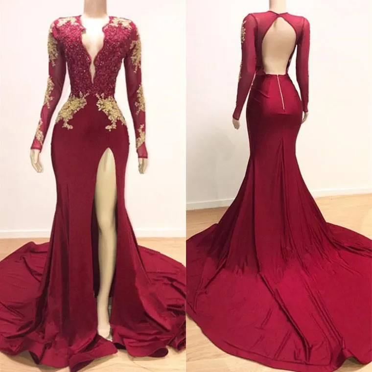 Long Sleeves V-neck Mermaid Prom Dress Leg Split Formal Evening Dresses