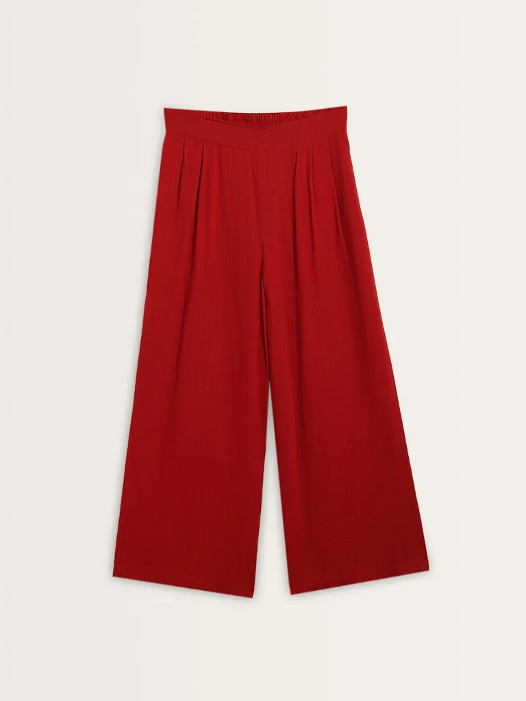 LOV Red High-Rise Blended Linen Trousers