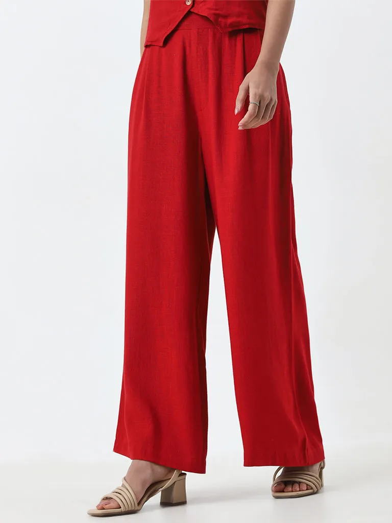 LOV Red High-Rise Blended Linen Trousers