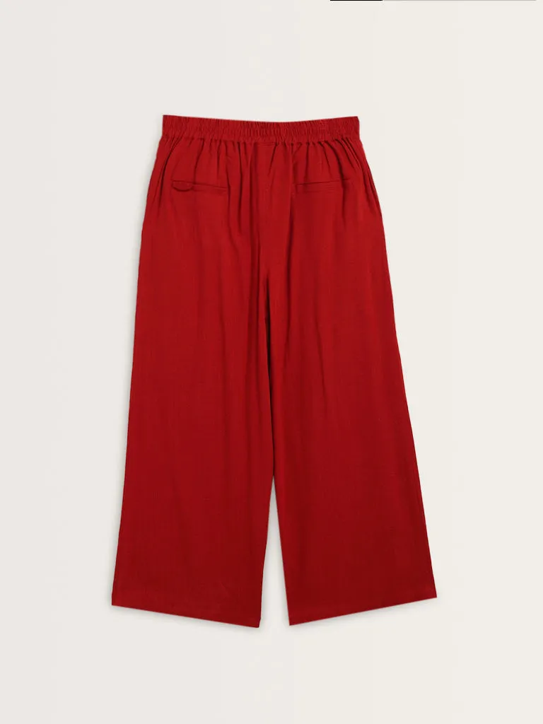 LOV Red High-Rise Blended Linen Trousers