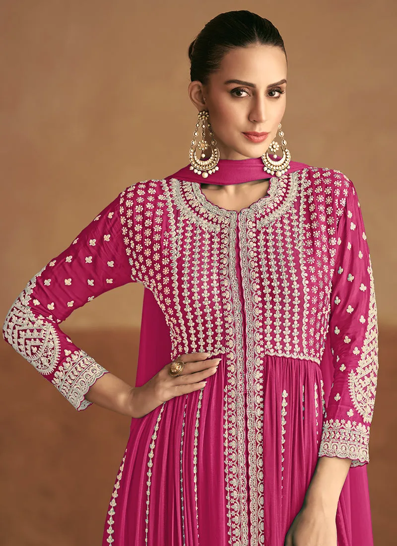 Magenta Designer Embroidery Slit Style Anarkali Pant Suit