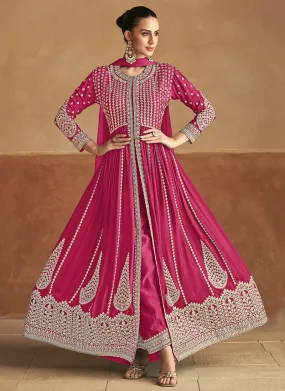 Magenta Designer Embroidery Slit Style Anarkali Pant Suit