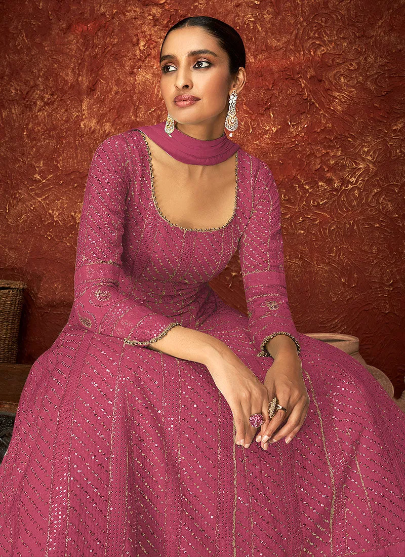 Magenta Pink Lucknowi Embroidered Indian Anarkali Suit