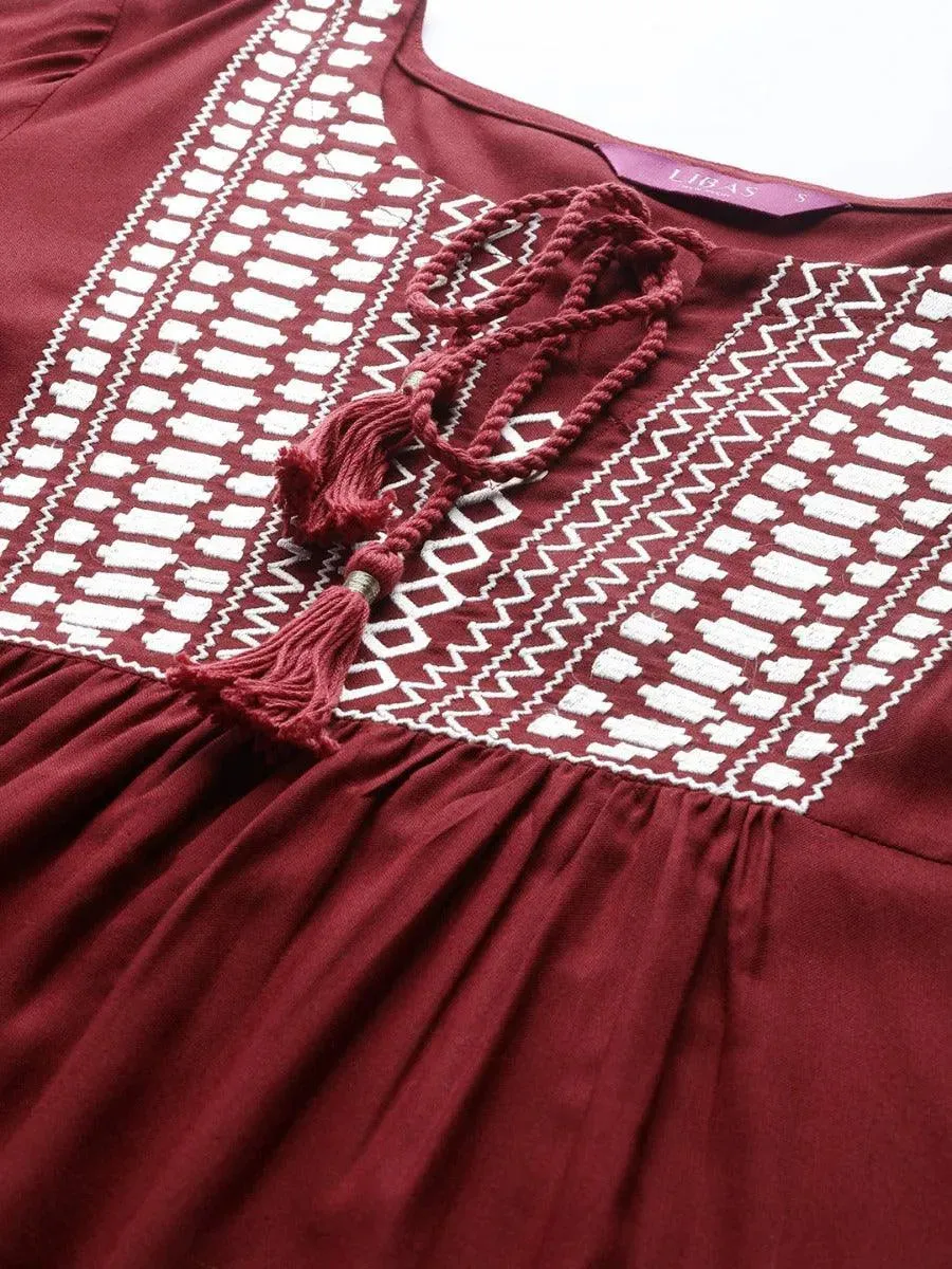 Maroon Embroidered Rayon Kurti