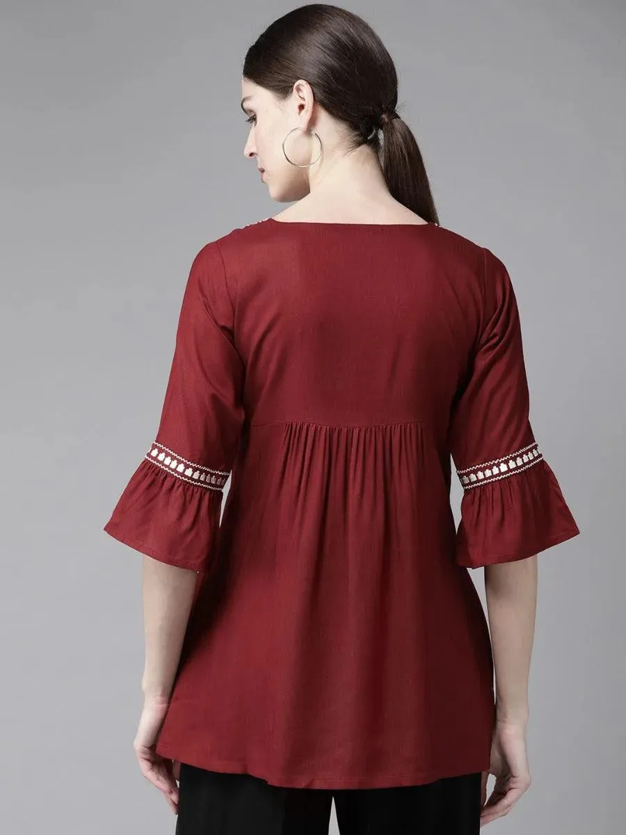 Maroon Embroidered Rayon Kurti