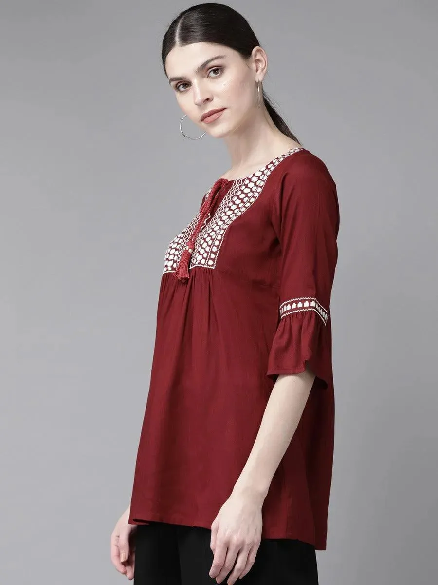 Maroon Embroidered Rayon Kurti