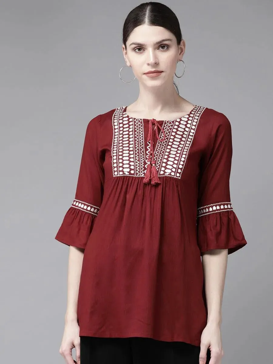 Maroon Embroidered Rayon Kurti