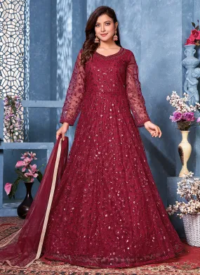 Maroon Net Anarkali Suit