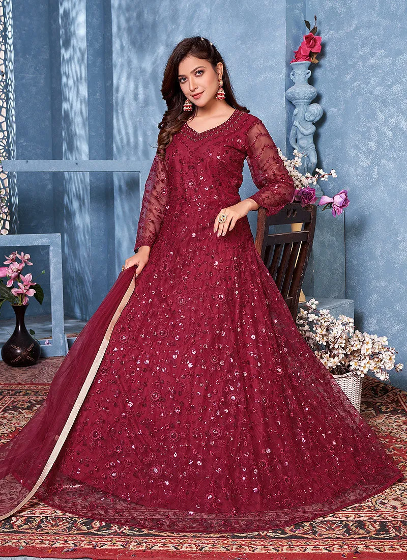 Maroon Net Anarkali Suit